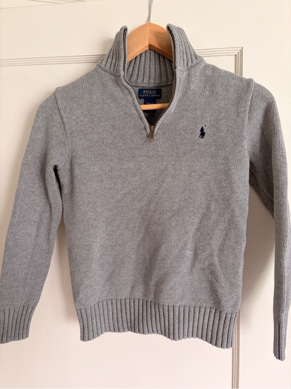 Boys Polo by Ralph Lauren Light Grey Quarter Zip Knit Sweater with Navy Logo